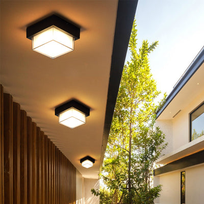 Contemporary Industrial Square Aluminum Acrylic LED Waterproof Outdoor Flush Mount Ceiling Light For Garden