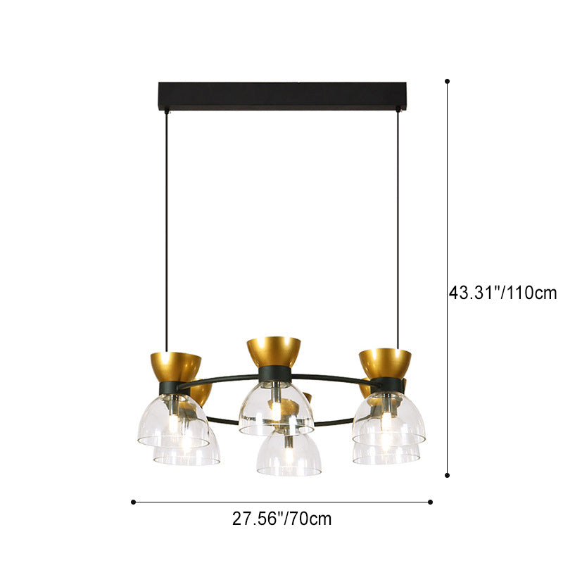 Modern Mid-Century Iron Frame Semicircle Glass Shade 6-Light Chandelier For Living Room