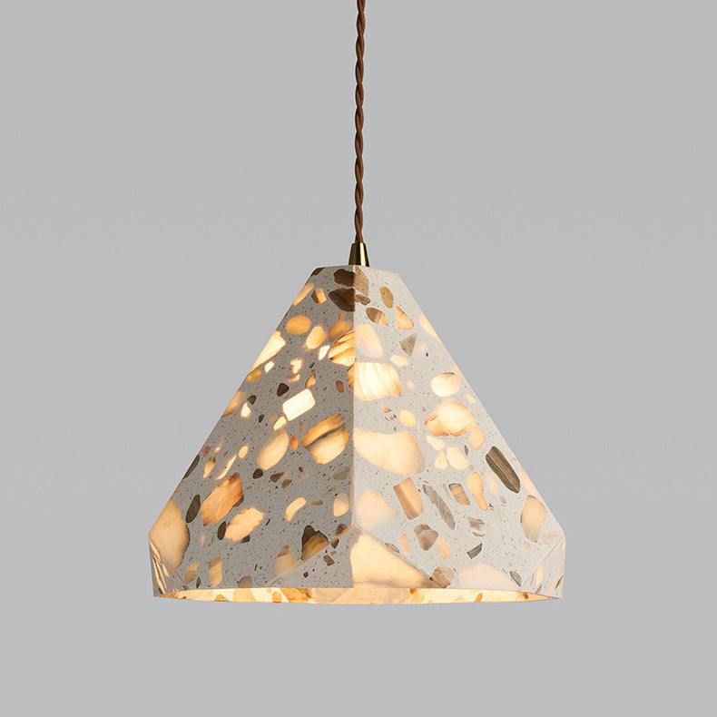 Traditional Japanese Trapezoidal Hollow Terrazzo 1-Light Pendant Light For Living Room