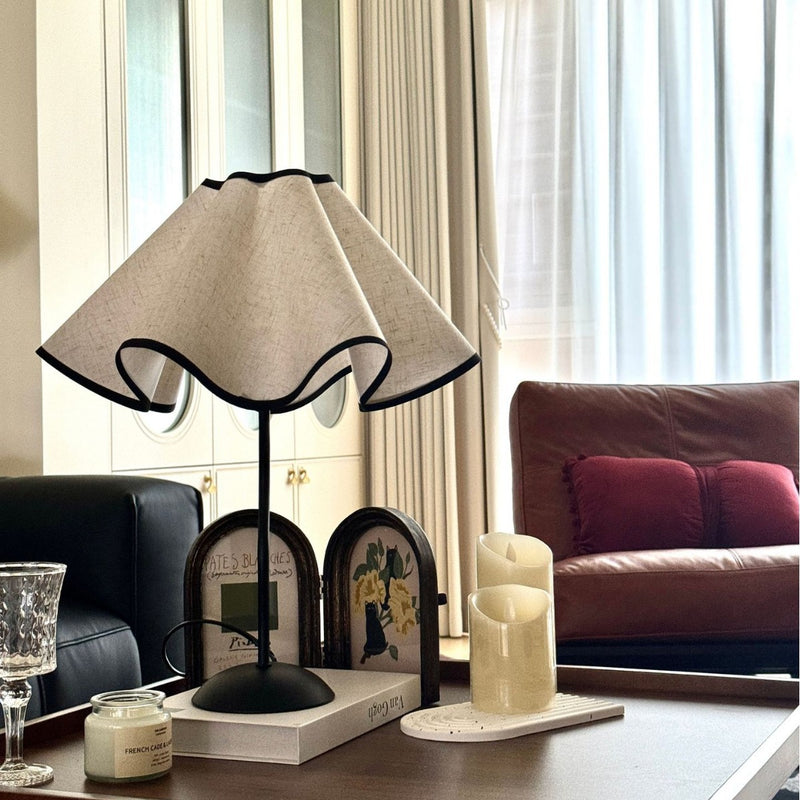 Contemporary Creative Fabric Petal Shade Curved Iron Base 1-Light Table Lamp For Bedroom