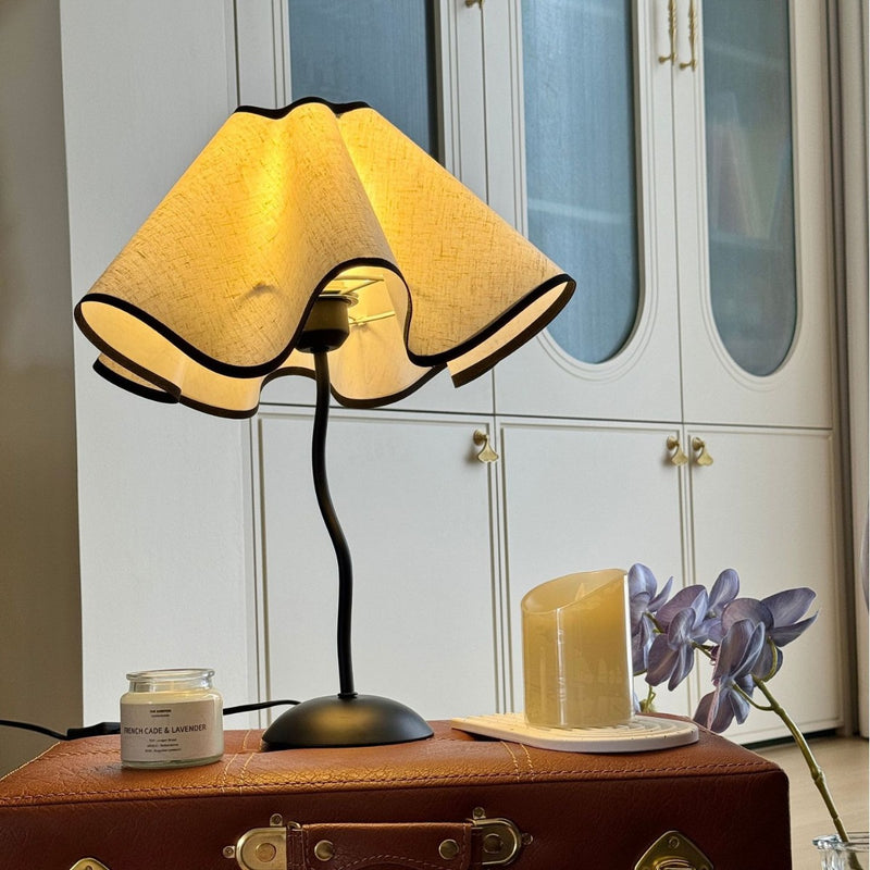 Contemporary Creative Fabric Petal Shade Curved Iron Base 1-Light Table Lamp For Bedroom