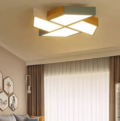 Contemporary Nordic Solid Wood Iron Windmill LED Flush Mount Ceiling Light For Living Room