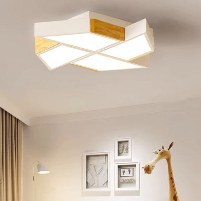 Contemporary Nordic Solid Wood Iron Windmill LED Flush Mount Ceiling Light For Living Room