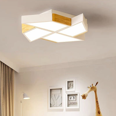 Contemporary Nordic Solid Wood Iron Windmill LED Flush Mount Ceiling Light For Living Room