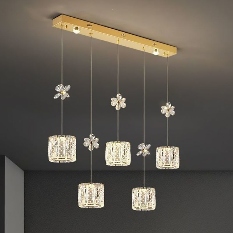 Modern Luxury Stainless Steel Crystal Cylinder LED Island Light Chandelier For Living Room