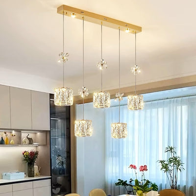 Modern Luxury Stainless Steel Crystal Cylinder LED Island Light Chandelier For Living Room