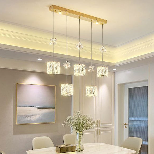 Modern Luxury Stainless Steel Crystal Cylinder LED Island Light Chandelier For Living Room