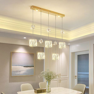 Modern Luxury Stainless Steel Crystal Cylinder LED Island Light Chandelier For Living Room