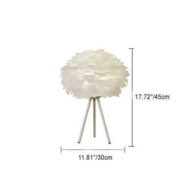 Traditional French Feather Spherical Shade Hardware Tripod 1-Light Table Lamp For Bedroom