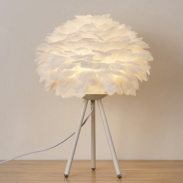 Traditional French Feather Spherical Shade Hardware Tripod 1-Light Table Lamp For Bedroom