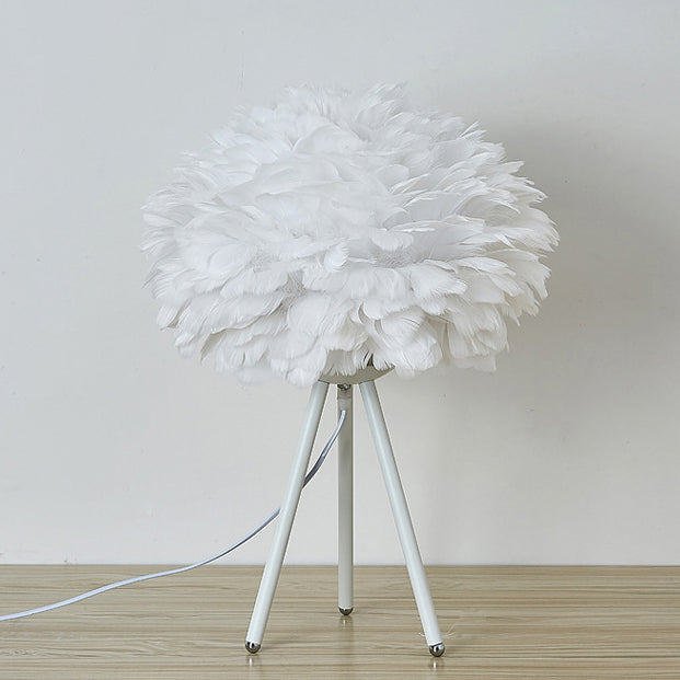 Traditional French Feather Spherical Shade Hardware Tripod 1-Light Table Lamp For Bedroom