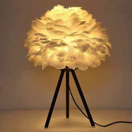 Traditional French Feather Spherical Shade Hardware Tripod 1-Light Table Lamp For Bedroom