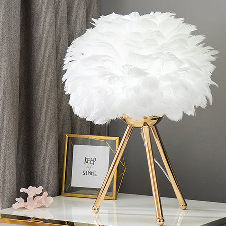 Traditional French Feather Spherical Shade Hardware Tripod 1-Light Table Lamp For Bedroom