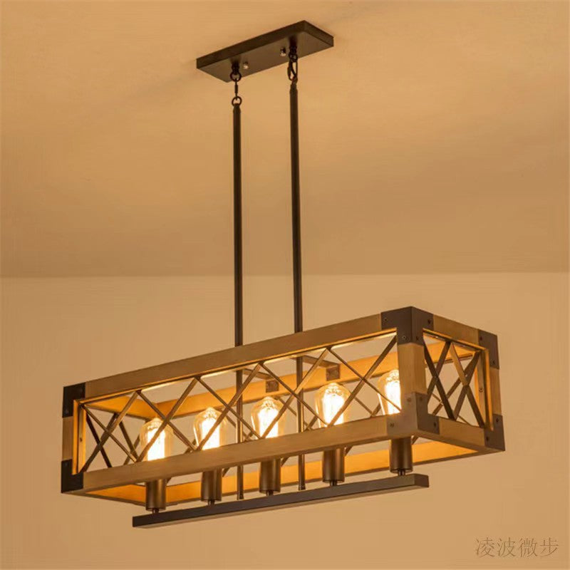 Traditional Farmhouse Solid Wood Square Frame Iron 1/4/5-Light Island Light Chandelier For Dining Room