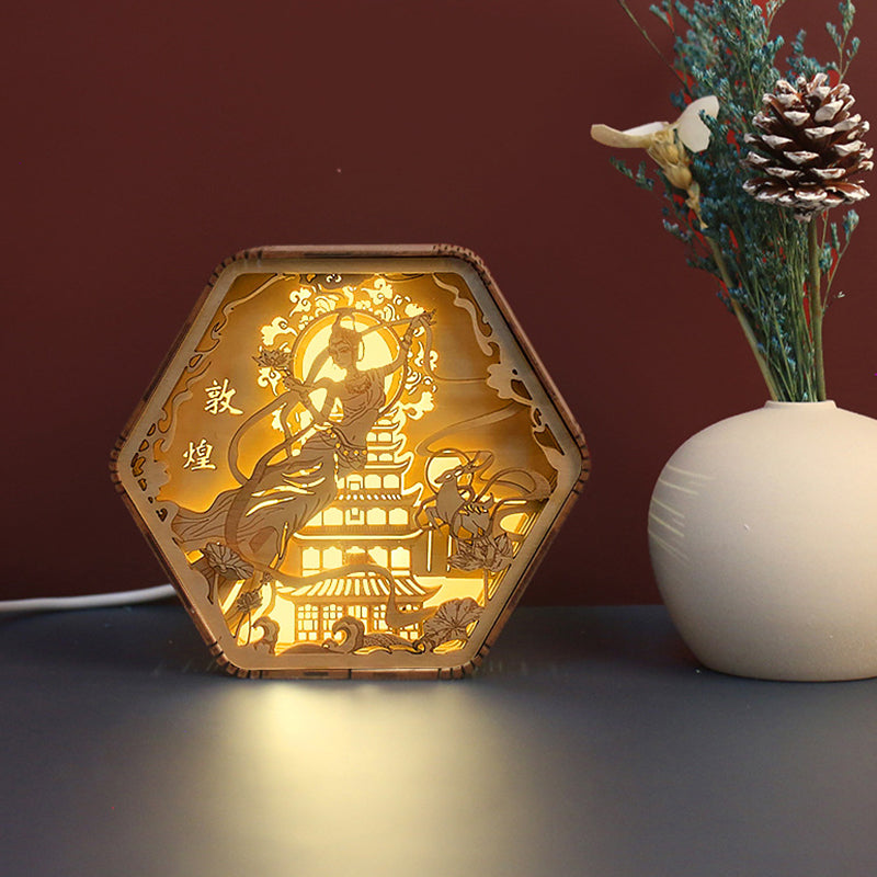 Contemporary Creative Wooden Carving Hexagonal Frame LED Table Lamp For Bedroom