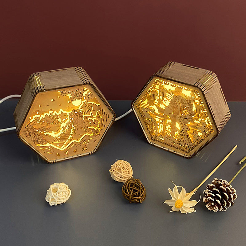 Contemporary Creative Wooden Carving Hexagonal Frame LED Table Lamp For Bedroom