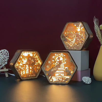 Contemporary Creative Wooden Carving Hexagonal Frame LED Table Lamp For Bedroom