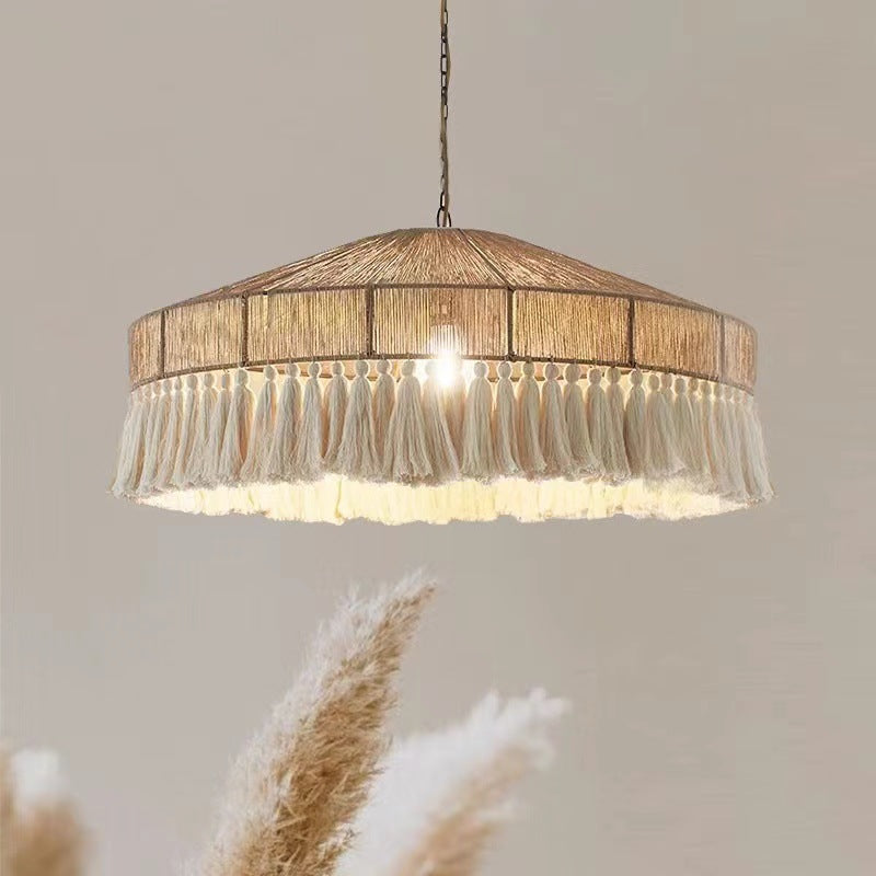 Contemporary Boho Braided Rope Round Tassel 1-Light Pendant Light For Living Room