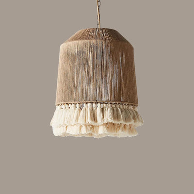 Contemporary Boho Hemp Rope Braided Tassel Column 1-Light Pendant Light For Living Room