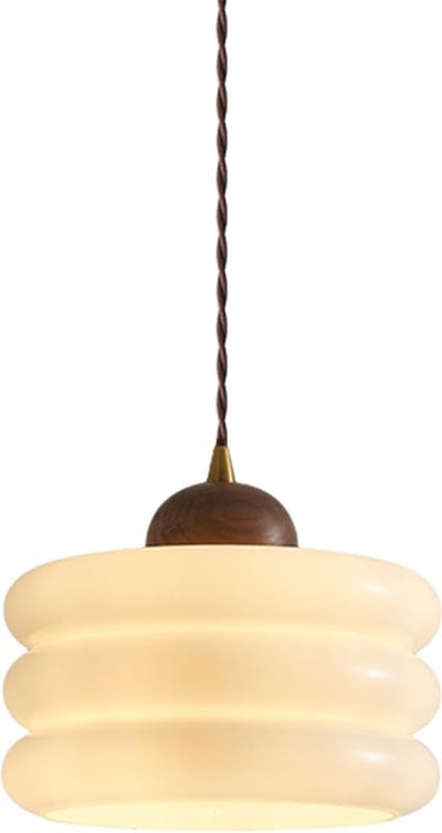 Contemporary Simplicity Glass Round Shade Walnut Wood 1-Light Pendant Light For Living Room