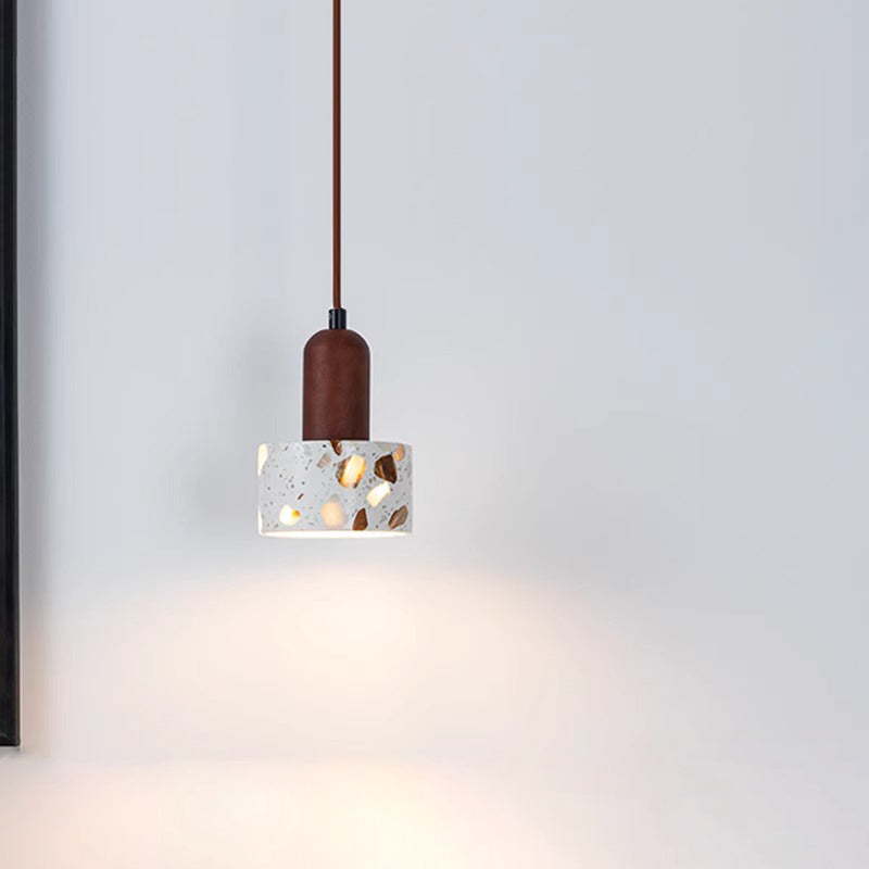 Contemporary Nordic Solid Wood Terrazzo Cylinder Shade 1-Light Pendant Light For Living Room