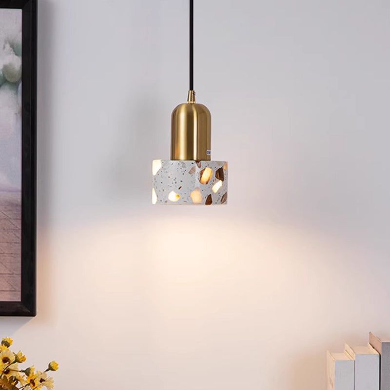 Contemporary Nordic Solid Wood Terrazzo Cylinder Shade 1-Light Pendant Light For Living Room