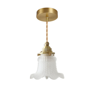 Traditional French Brass Flower Glass Shade 1-Light Pendant Light For Bedroom