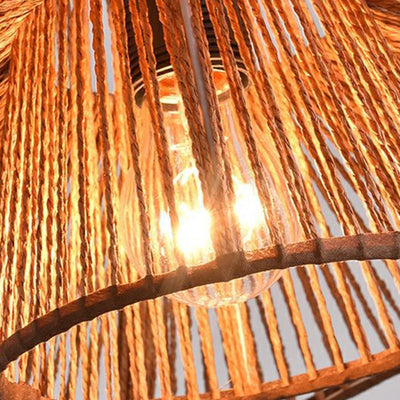 Traditional Japanese Hemp Rope Weaving Straw Hat 1-Light Pendant Light For Dining Room