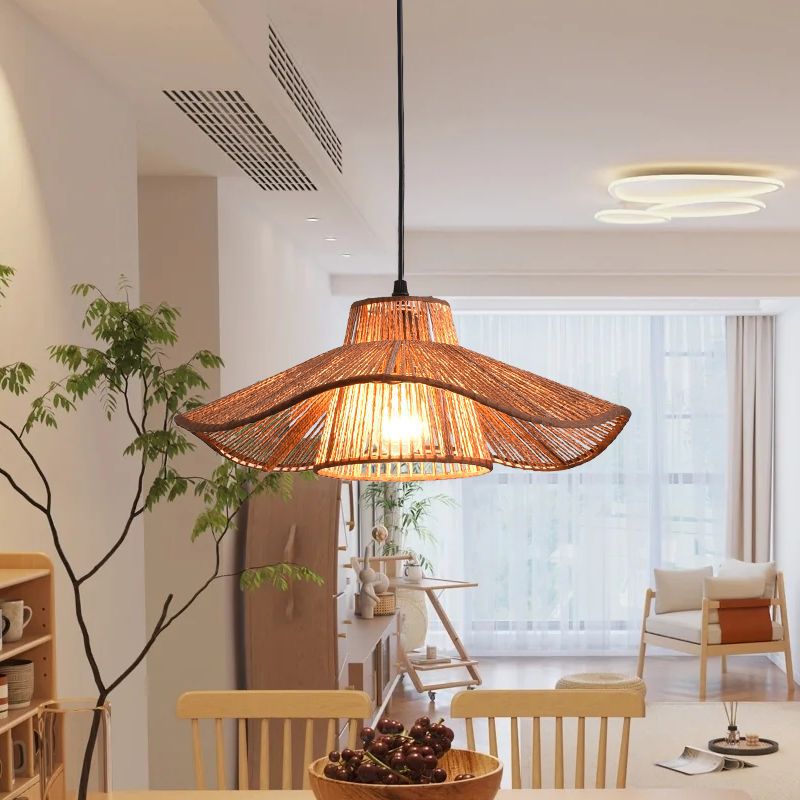 Traditional Japanese Hemp Rope Weaving Straw Hat 1-Light Pendant Light For Dining Room