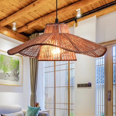 Traditional Japanese Hemp Rope Weaving Straw Hat 1-Light Pendant Light For Dining Room