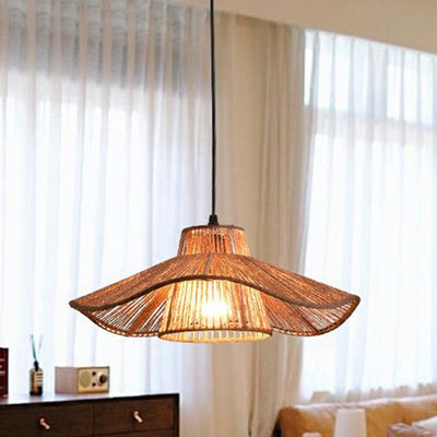 Traditional Japanese Hemp Rope Weaving Straw Hat 1-Light Pendant Light For Dining Room