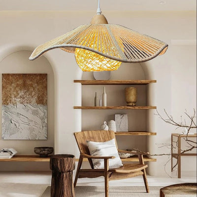 Traditional Japanese Arc Hemp Rope Weaving Solid Wood 1-Light Pendant Light For Dining Room