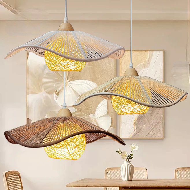 Traditional Japanese Arc Hemp Rope Weaving Solid Wood 1-Light Pendant Light For Dining Room