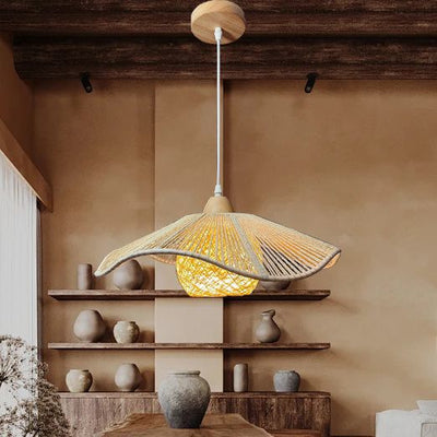 Traditional Japanese Arc Hemp Rope Weaving Solid Wood 1-Light Pendant Light For Dining Room