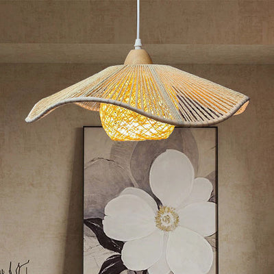 Traditional Japanese Arc Hemp Rope Weaving Solid Wood 1-Light Pendant Light For Dining Room