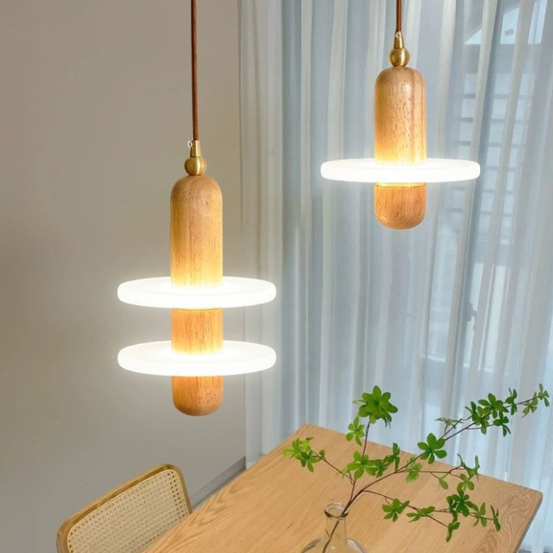 Contemporary Nordic Rubber Wood Acrylic Disc Shade LED Pendant Light For Living Room