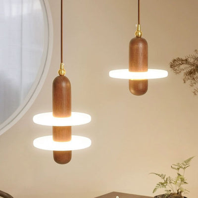 Contemporary Nordic Rubber Wood Acrylic Disc Shade LED Pendant Light For Living Room