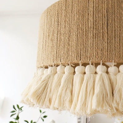 Contemporary Boho Hemp Rope Braiding Tassel Cylinder 1-Light Pendant Light For Living Room