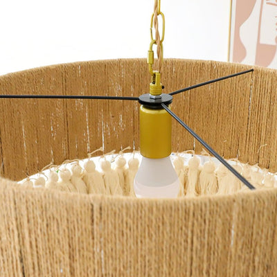 Contemporary Boho Hemp Rope Braiding Tassel Cylinder 1-Light Pendant Light For Living Room