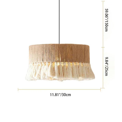 Contemporary Boho Hemp Rope Braiding Tassel Cylinder 1-Light Pendant Light For Living Room