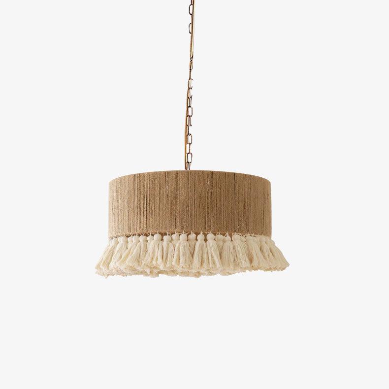 Contemporary Boho Hemp Rope Braiding Tassel Cylinder 1-Light Pendant Light For Living Room