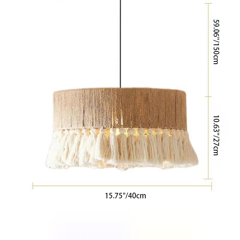 Contemporary Boho Hemp Rope Braiding Tassel Cylinder 1-Light Pendant Light For Living Room