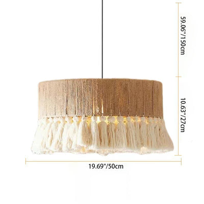 Contemporary Boho Hemp Rope Braiding Tassel Cylinder 1-Light Pendant Light For Living Room