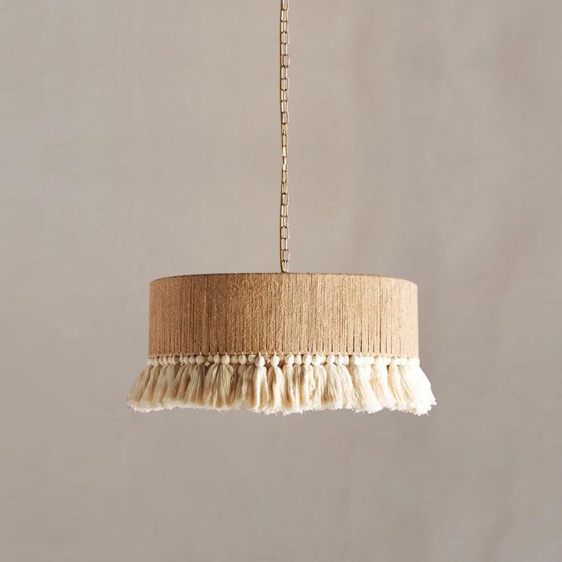 Contemporary Boho Hemp Rope Braiding Tassel Cylinder 1-Light Pendant Light For Living Room