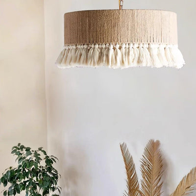 Contemporary Boho Hemp Rope Braiding Tassel Cylinder 1-Light Pendant Light For Living Room