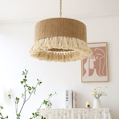 Contemporary Boho Hemp Rope Braiding Tassel Cylinder 1-Light Pendant Light For Living Room