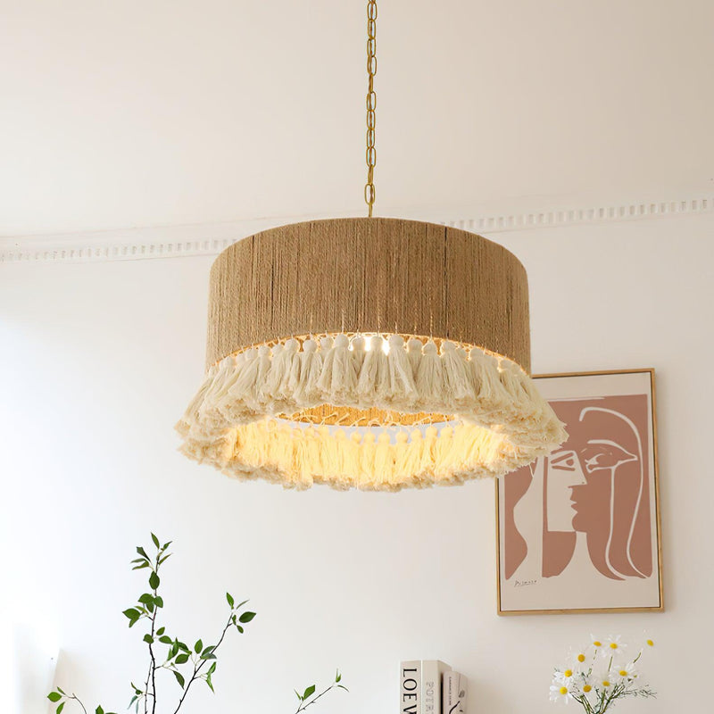 Contemporary Boho Hemp Rope Braiding Tassel Cylinder 1-Light Pendant Light For Living Room