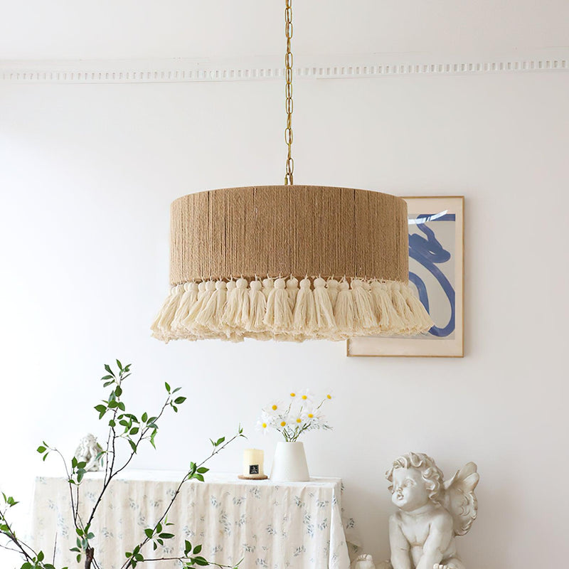 Contemporary Boho Hemp Rope Braiding Tassel Cylinder 1-Light Pendant Light For Living Room