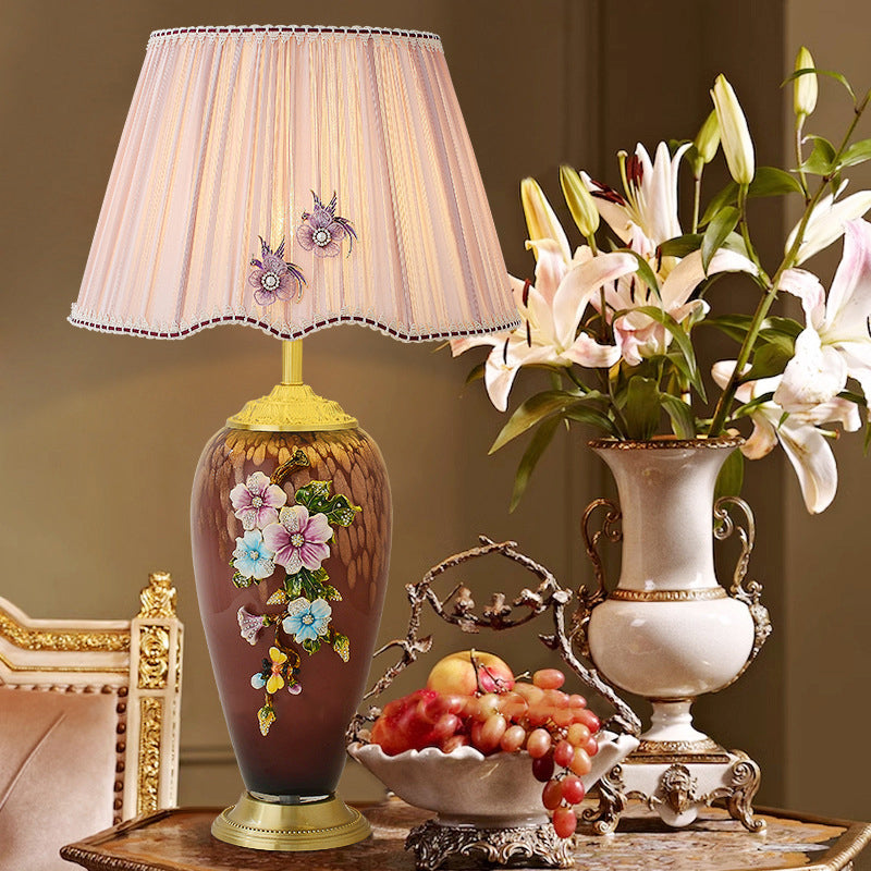 Traditional Chinese Enamel Glass Vase Base Pleated Fabric Shade 1-Light Table Lamp For Bedroom