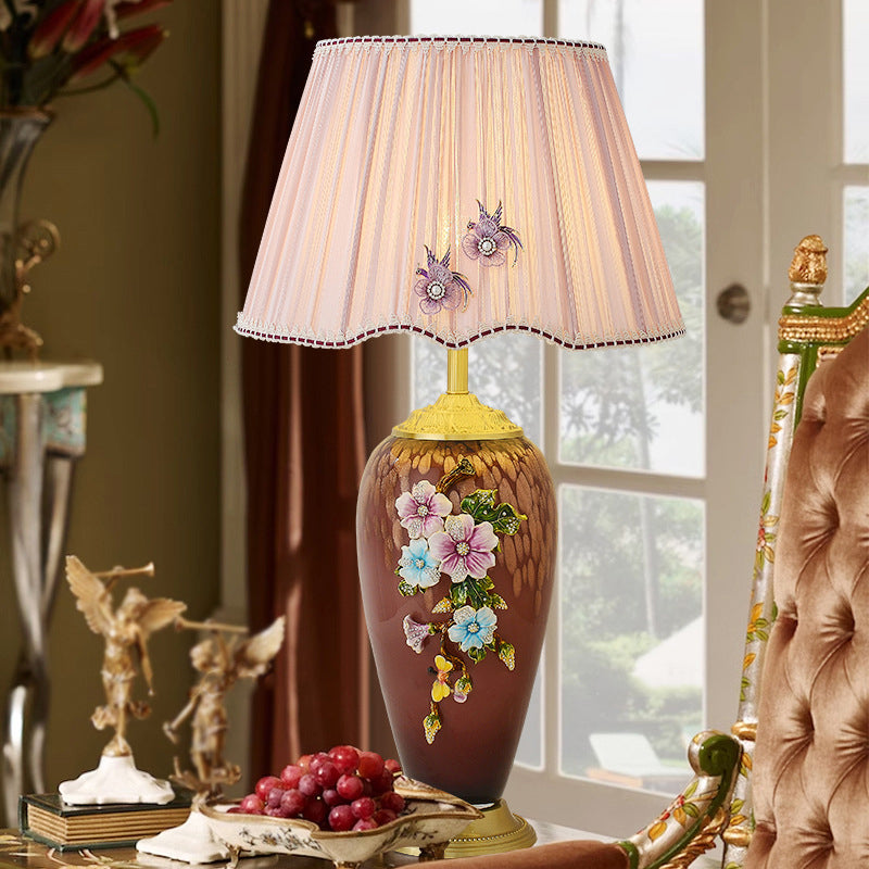 Traditional Chinese Enamel Glass Vase Base Pleated Fabric Shade 1-Light Table Lamp For Bedroom